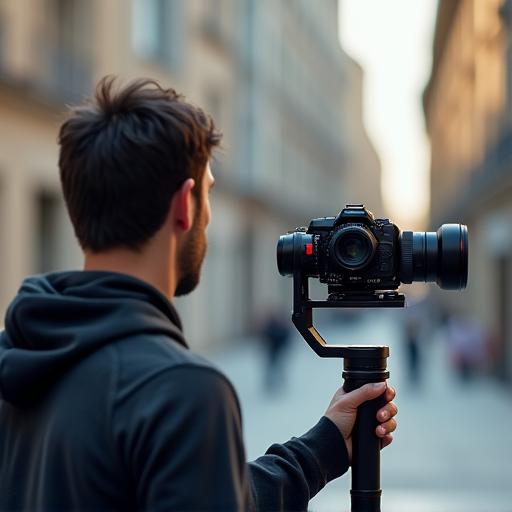 Seorang juruvideo sedang merakam adegan menggunakan gimbal